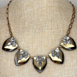 J.Crew Statement Necklace Gold & Black Leaf Design W/ Clear Rhinestones Adjustab